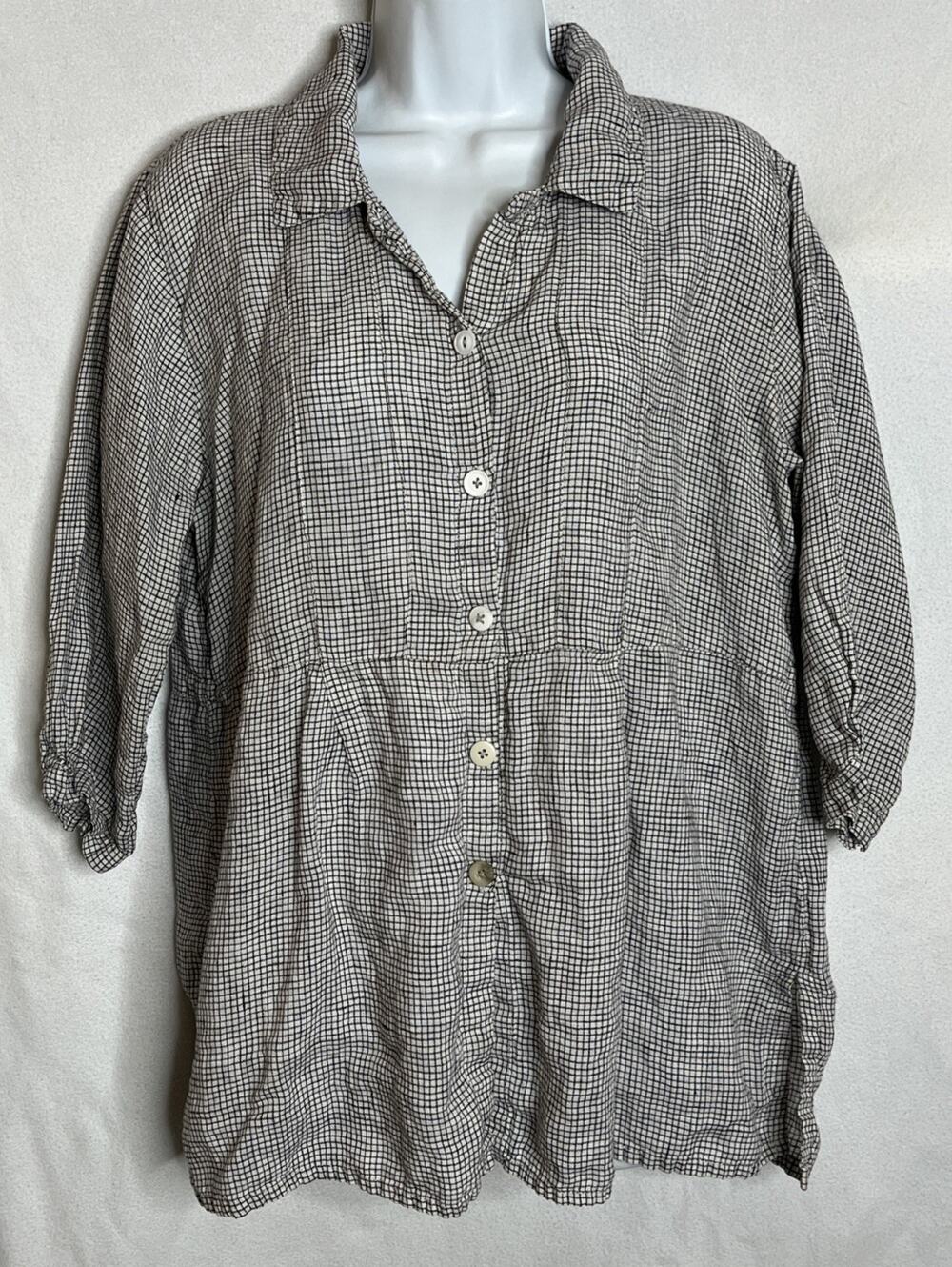 FLAX Women's S 100% Linen Black White Checked Button Front Shirt